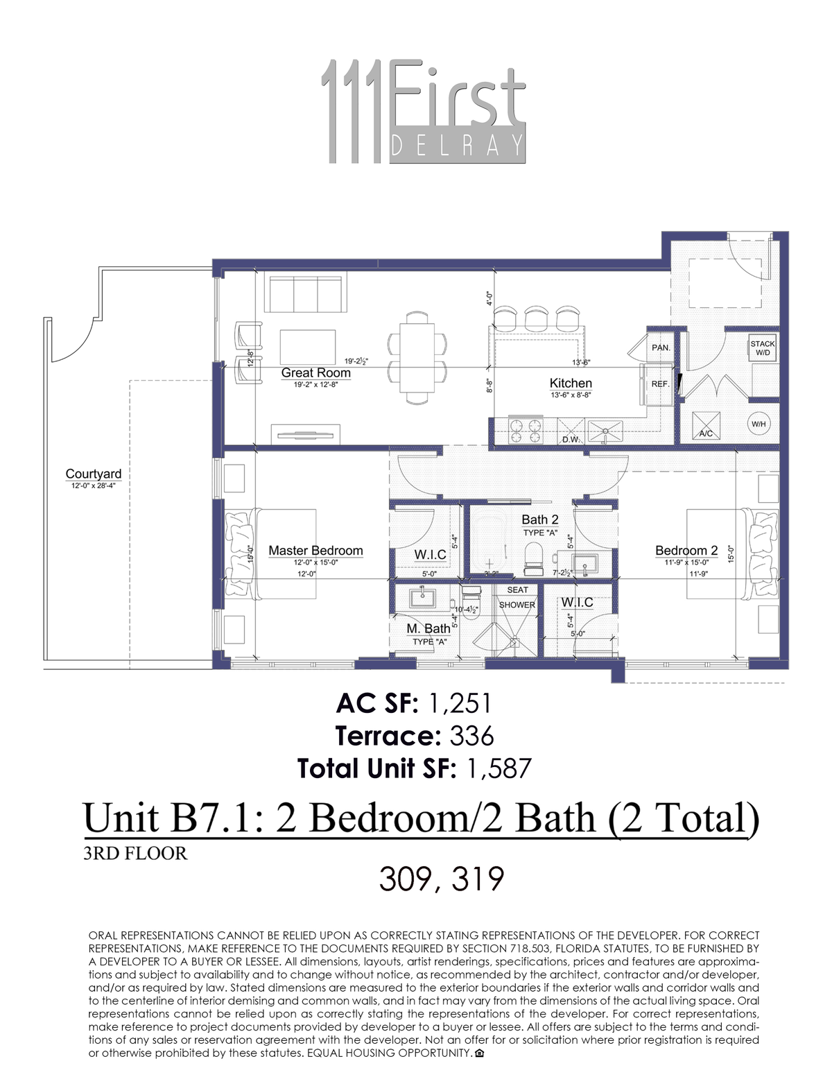 111 First Delray Unit B7.1 Two Bedroom Two Bath Floor Plan